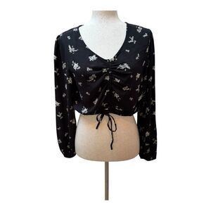 Floral Print Tie Front Long Sleeve Crop Top Blouse